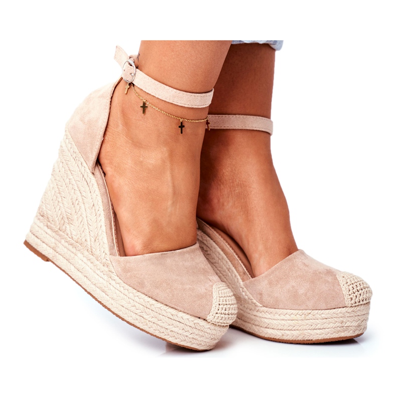 MSMG Sandales On A Compensées Femme Lin Beige Avocat