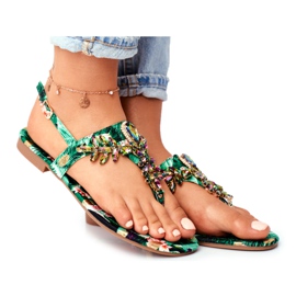 Sandales pour femmes élégantes tongs cristaux vert sous contrôle