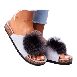 MSMG Chaussons Femme Gris Sur Bouchons Avec Pompon Galaxo MSMG Chaussons Femme Gris Sur Bouchons Avec Pompon Galaxo