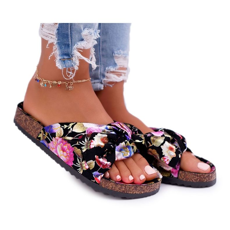 SEA Pantoufles noires pour femmes sur fleurs de liège Wendy's Bow le noir multicolore