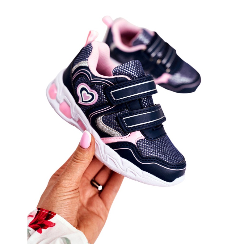 EVE Chaussures de sport pour enfants brillant sur velcro bleu marine écarlate rose