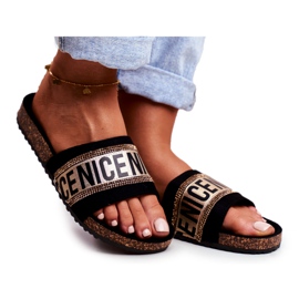 EVE Chaussons Femme Noir Sur Liège BeNice Or Strass jaune