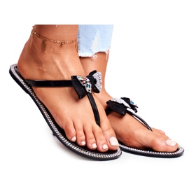 LU BOO Pantoufles Caoutchouc Femme Tongs Noires Lissy Strass
