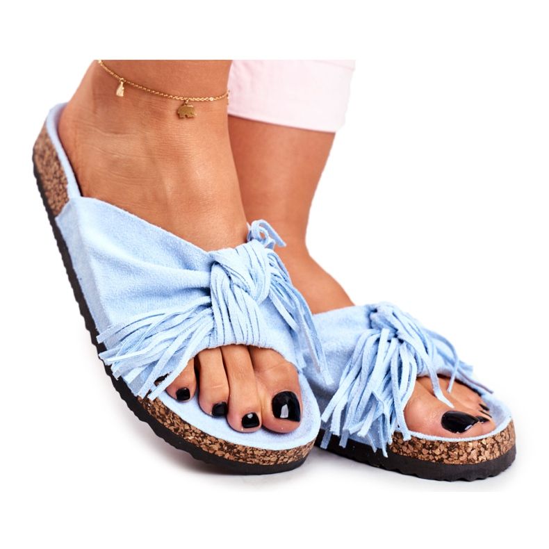 BUGO Pantoufles Bleues Pour Femmes Sur Cork Fringe Marina