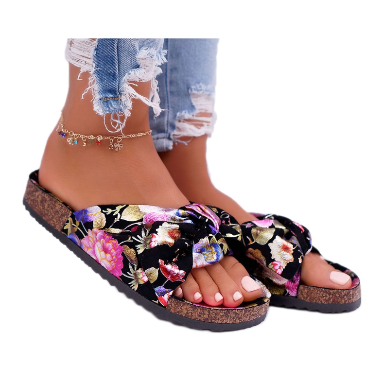 SEA Pantoufles noires pour femmes sur fleurs de liège Wendy's Bow le noir violet rose d'or