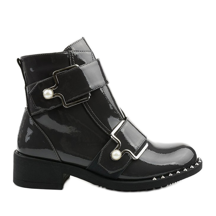 Boots femme en cuir verni gris avec clous Morris Boots femme en cuir verni gris avec clous Morris