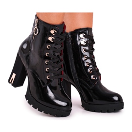 FE1 Bottines Femme Talon Haut Laqué Noir Kahina