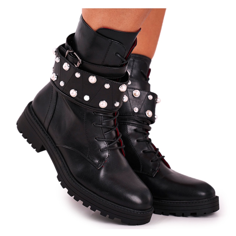 FE1 Bottes Plates Hautes pour Femmes Noir avec Perles Mishigan le noir FE1 Bottes Plates Hautes pour Femmes Noir avec Perles Mishigan le noir