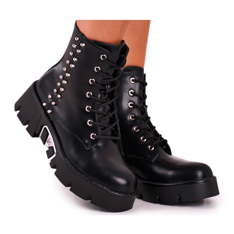 FG2 Bottes pour femmes avec rivets sur la plate-forme Grunge Black Hard Rock le noir