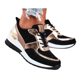 Vinceza Chaussures de sport pour femmes en cuir noir et or 21-7777