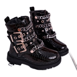 FRROCK Bottes chaudes pour enfants avec boucles imprimées Black Time noir