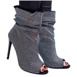 Bottes Pour Femmes À Talons Hauts Lu Boo Strass Bandes Noires argent