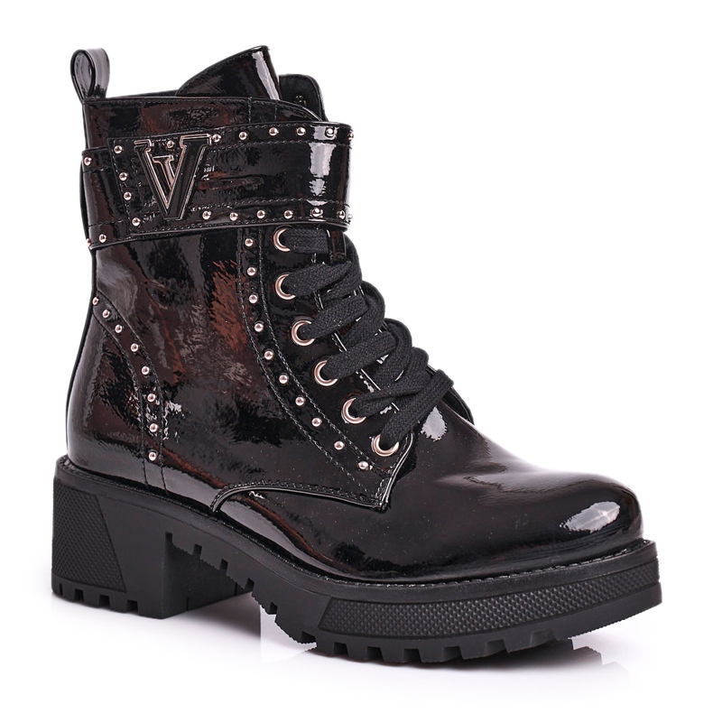 Bottines Worker Valeria Noir Laquées Femme le noir