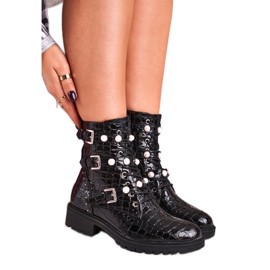 Boots Avec Perles Laquées Noir Whitney Motif Animal