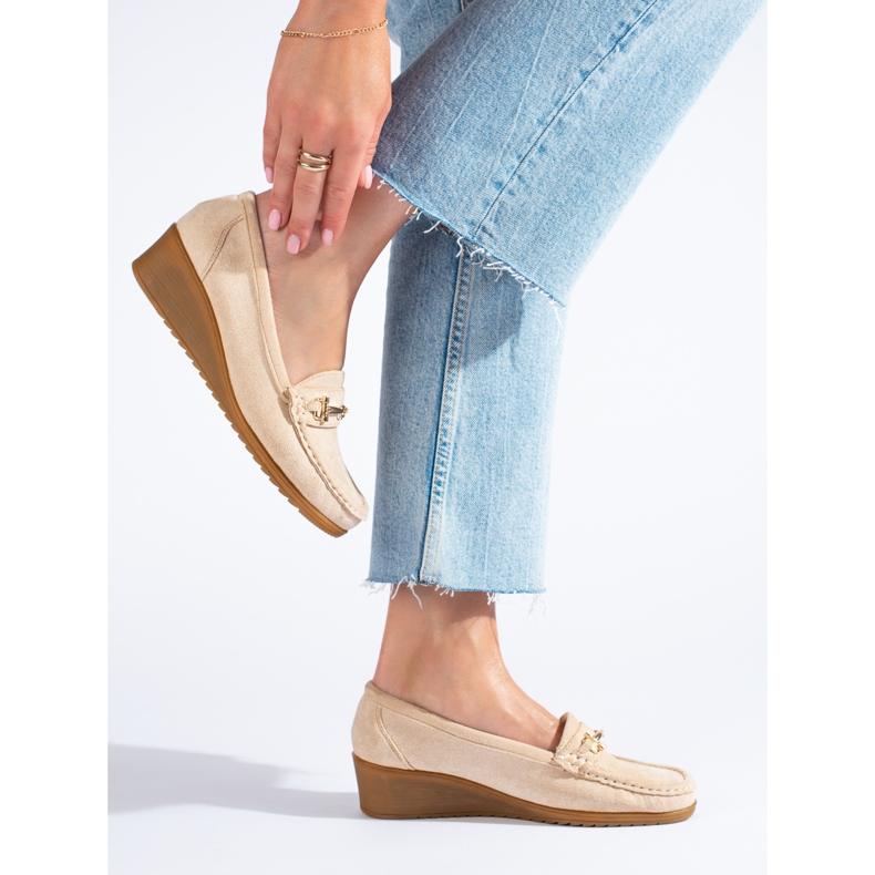 Mocassins compensés en daim pour femme Shelovet beige 1 Mocassins compensés en daim pour femme Shelovet beige 1