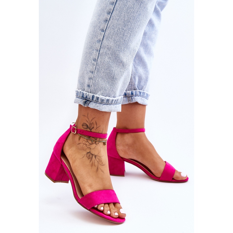 Sandales à talons bas classiques en daim lune de miel fuchsia rose 1