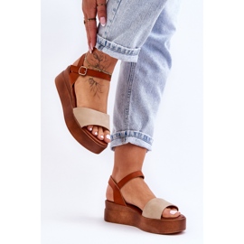 Sandales Compensées Confortables en Cuir Beige-Marron Tifena brun 1