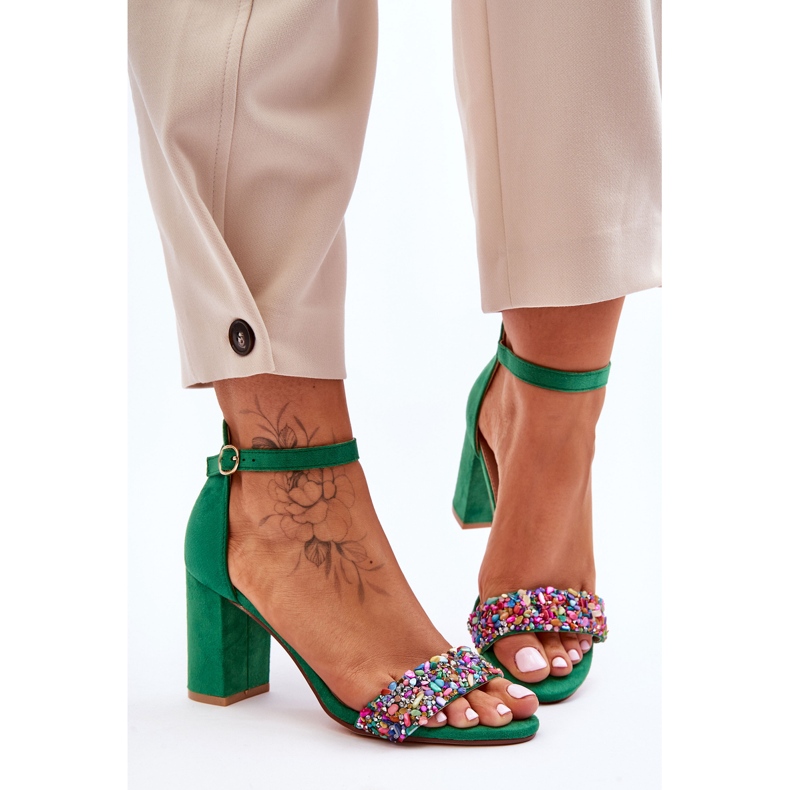 Sandales à talons hauts à la mode avec des pierres décoratives vert Love Me 2