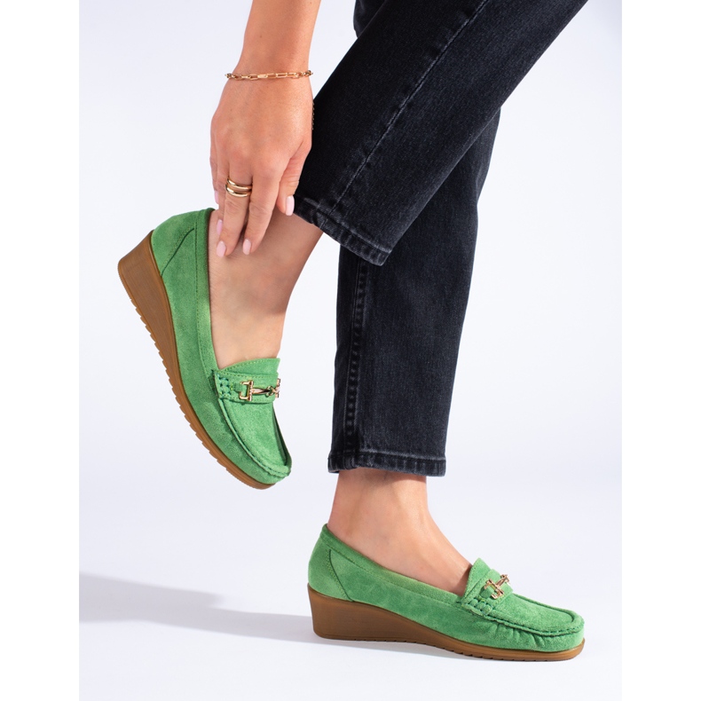 Mocassins compensés femme en daim Shelovet vert 2