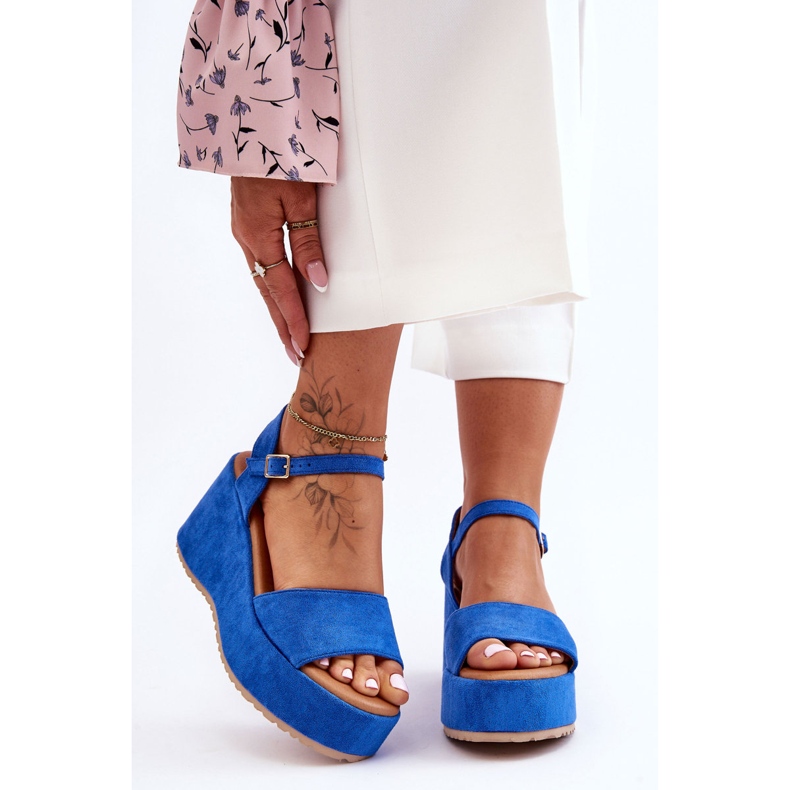 Sandales compensées en daim pour femme Bleu Lydia 1