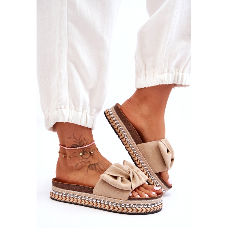 Chaussons Femme Daim Avec Nœud Beige Lauria 2