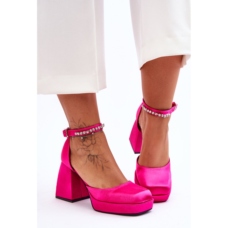 Escarpins à la mode sur des talons massifs avec des zircons Fuchsia Adel rose 2