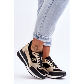 PE1 Baskets compensées à lacets pour femmes noir et or Genova 1