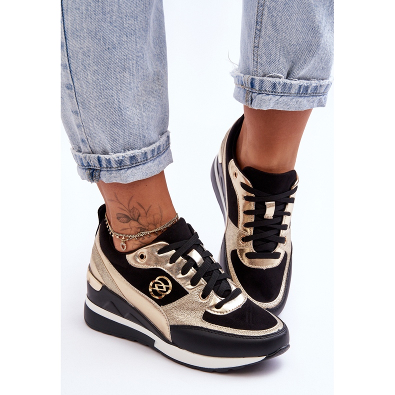 PE1 Baskets compensées à lacets pour femmes noir et or Genova le noir 2