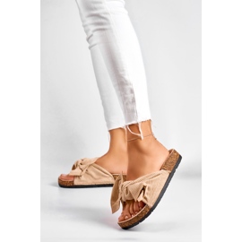 Chaussons pour femmes classiques en daim beige avec un nœud 3