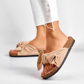 Chaussons pour femmes classiques en daim beige avec un nœud 5