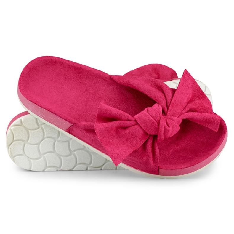 Chaussons femme en daim fushia avec nœud rose 1