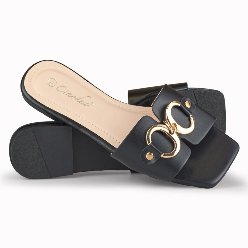 Chaussons pour femmes noirs avec décoration Hensi dorée 1