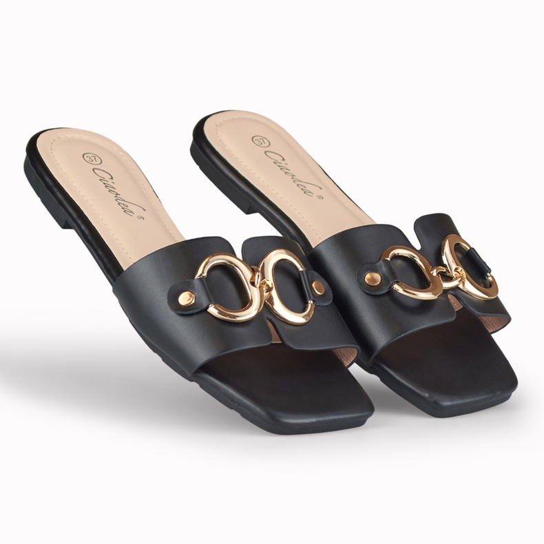 Chaussons pour femmes noirs avec décoration Hensi dorée le noir 2