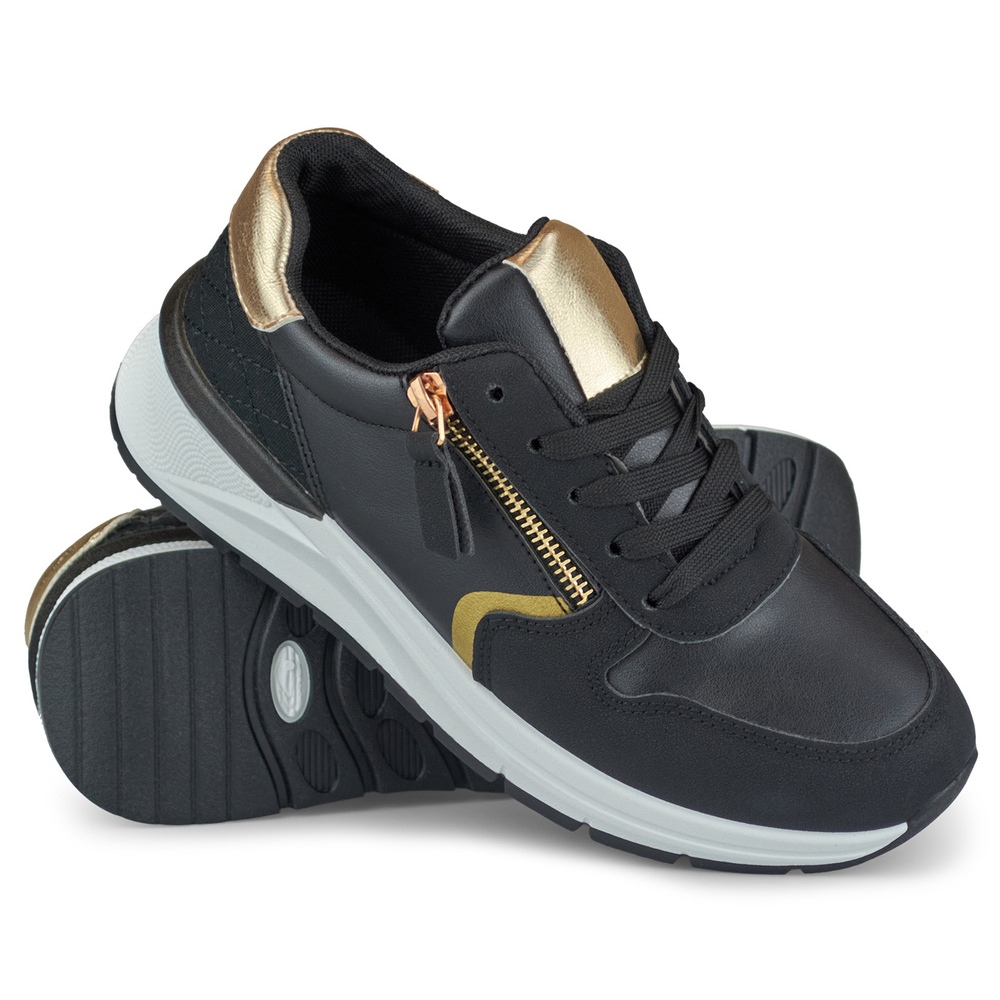 Chaussures de sport pour femmes noires avec une fermeture eclair doree le noir