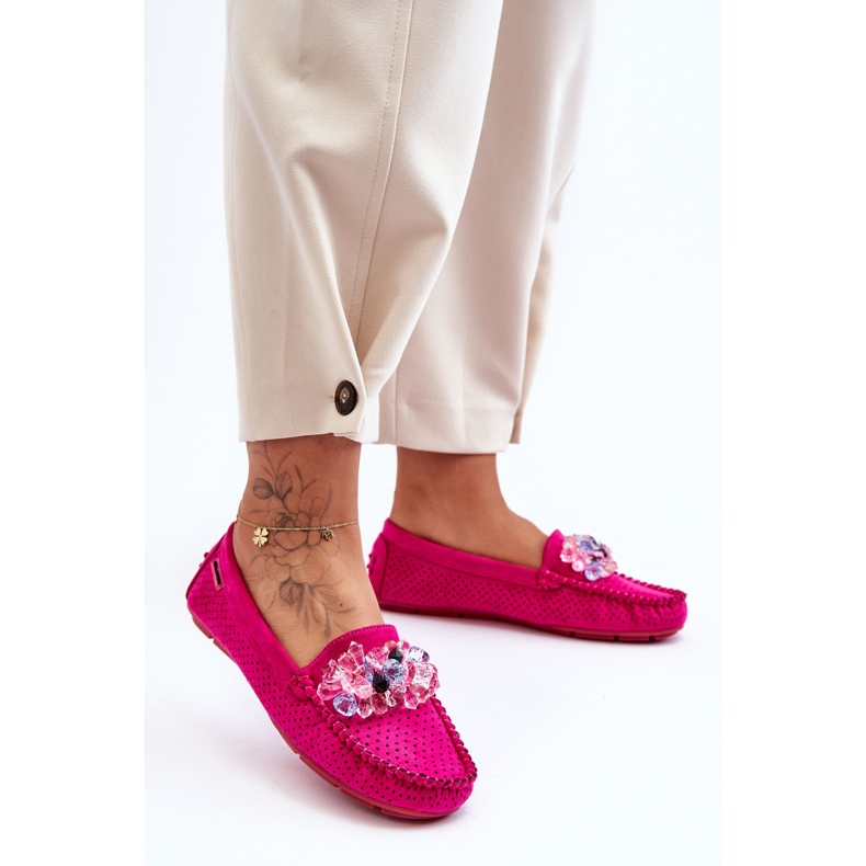 PM1 Mocassins en daim à la mode avec des décorations fuchsia delima rose 1