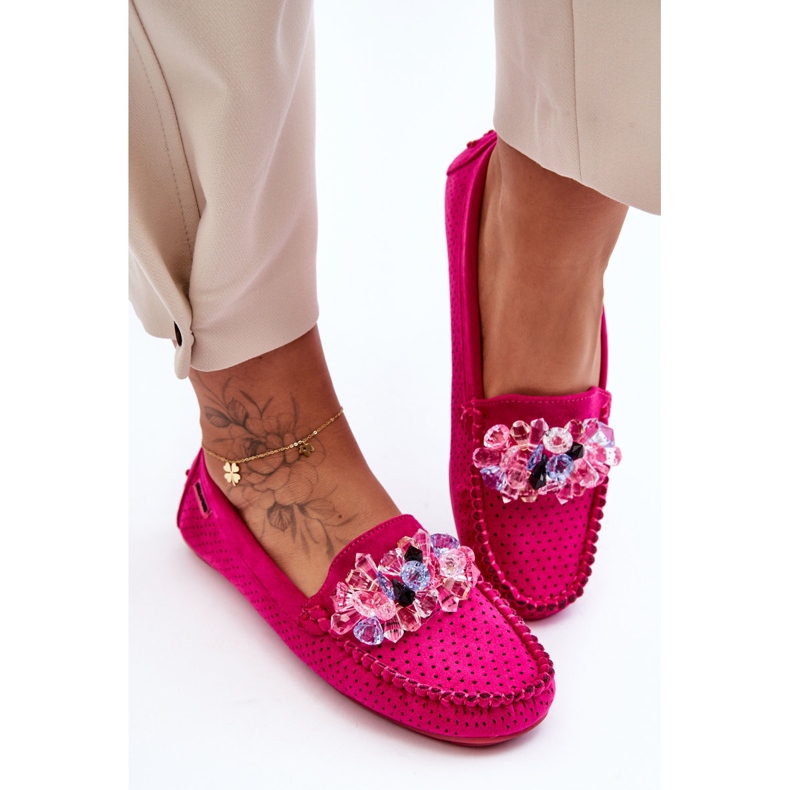 PM1 Mocassins en daim à la mode avec des décorations fuchsia delima rose 2
