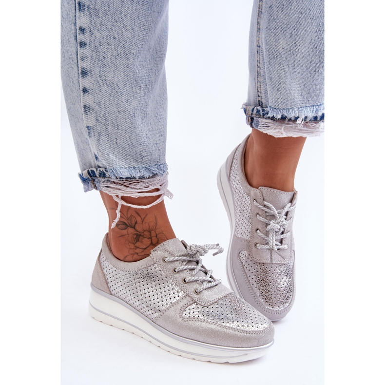 Chaussures De Sport En Cuir Avec Perforation S.Barski AL22246 Argent 2