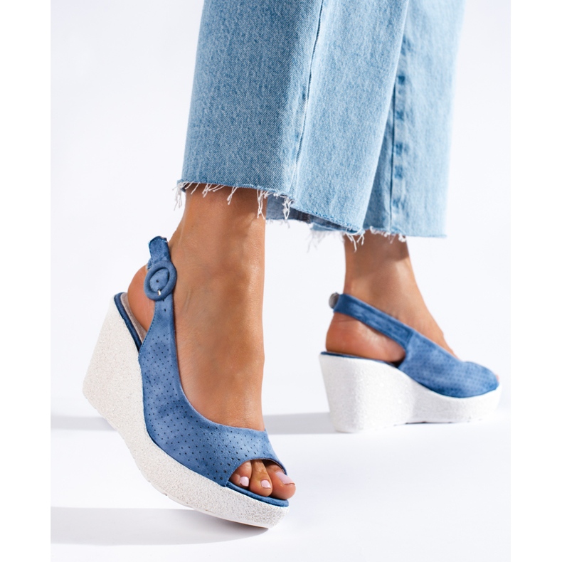 Sandales compensées Shelovet ajourées femme bleu 2