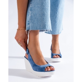 Sandales compensées Shelovet ajourées femme bleu 3