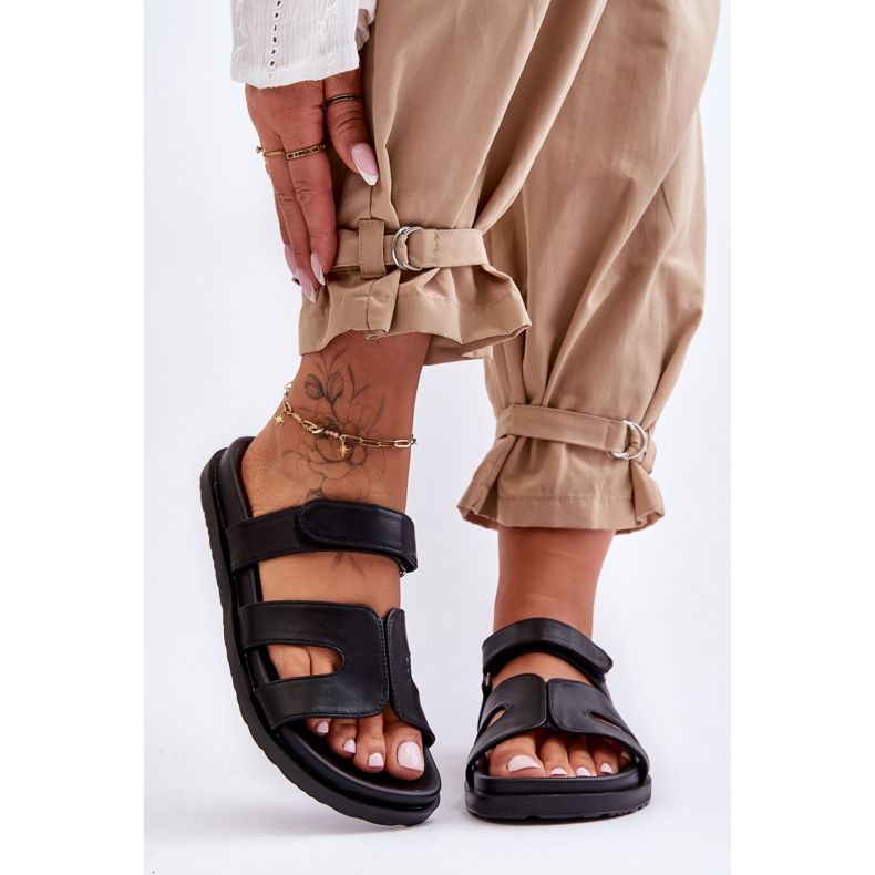 Claquettes Femme Classiques En Cuir Avec fermeture scratch Noir Amedon 2
