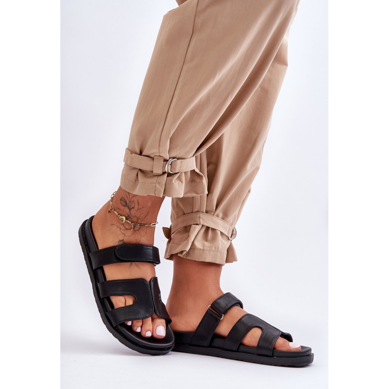 Claquettes Femme Classiques En Cuir Avec fermeture scratch Noir Amedon 1