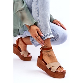 Sandales pour femmes en cuir pour les coins brun-beige 2