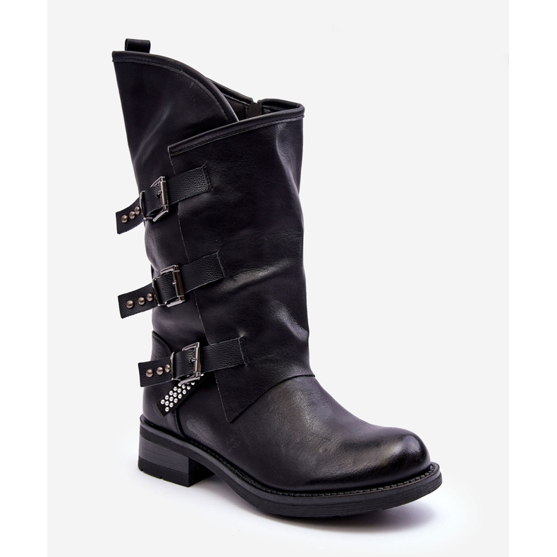 Bottes plates à talons hauts en cuir pour femmes Noir Nyreo 2