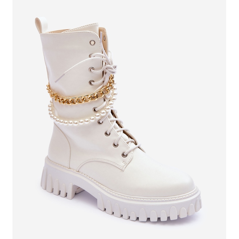 Travailleurs de grande taille en cuir avec chaîne White Nameer blanche 1