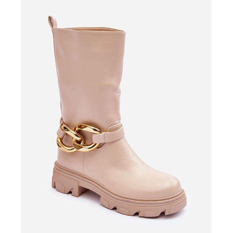 Bottines à Talon Plat en Cuir Beige Diominna 1 Bottines à Talon Plat en Cuir Beige Diominna 1