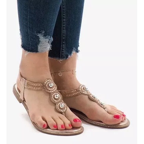 Tongs champagne avec sandales décorées élastiques ST3107Y doré 1