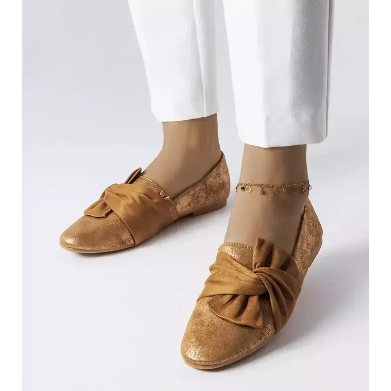 Ballerines métallisées marron à nœud Dodier doré 1