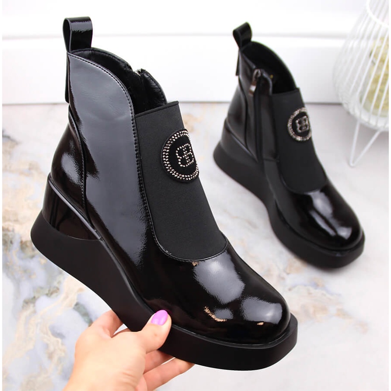 Bottines compensées laquées pour femme D&amp;A S.Barski Premium Collection MR870-22 noir 1