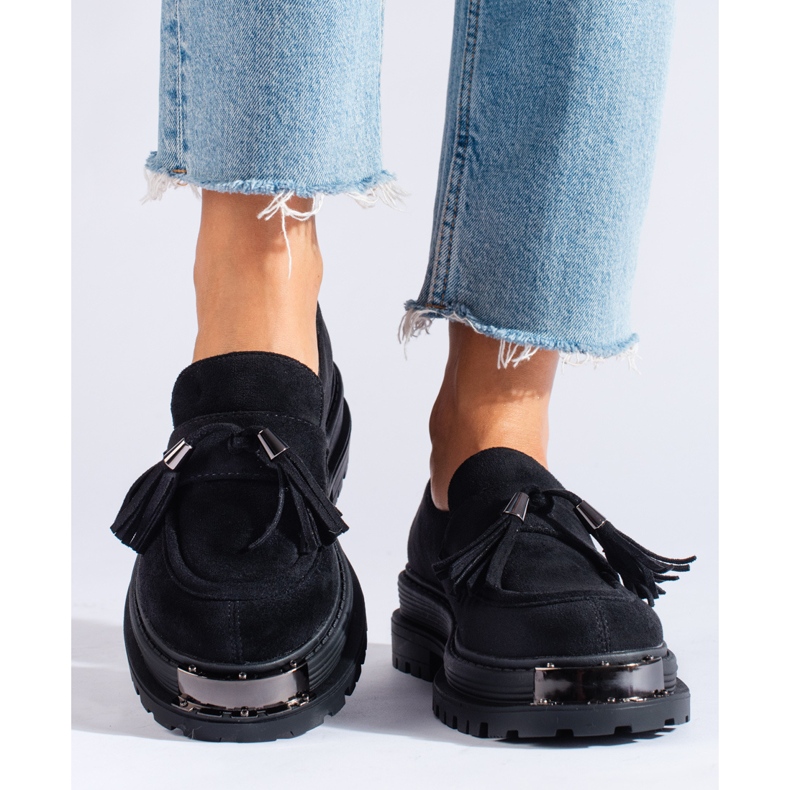 Mocassins à pampilles en daim noir de Shelovet 1