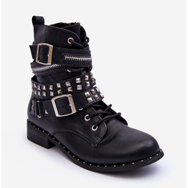 LU BOO Bottines pour enfants avec clous, fermeture éclair et boucles, noires 1